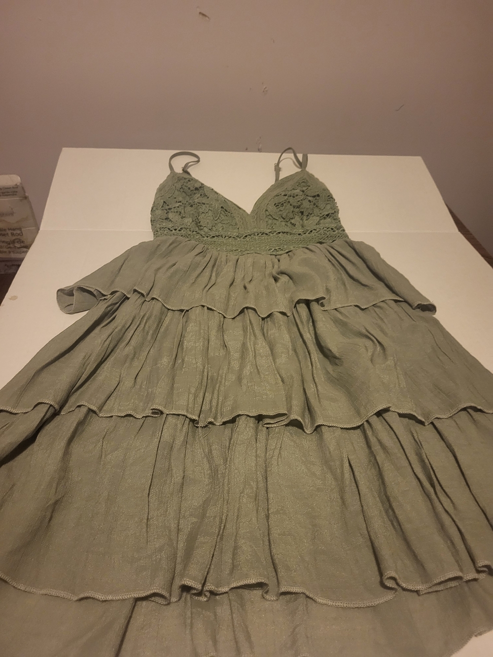 Rebellion Olive Green Lace-Trim Tiered Mini Dress